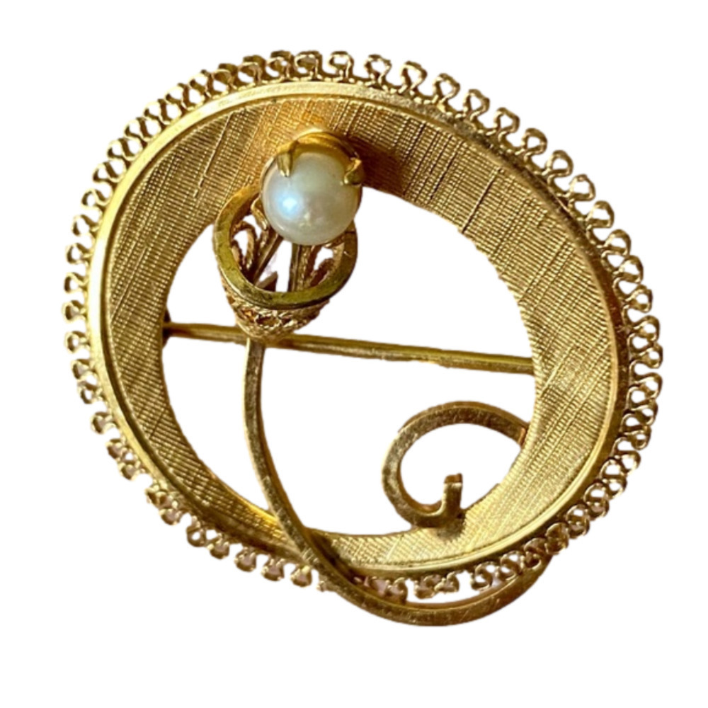 THEDA 12 K GOLD FILLED PEARL BROOCH ART DECO